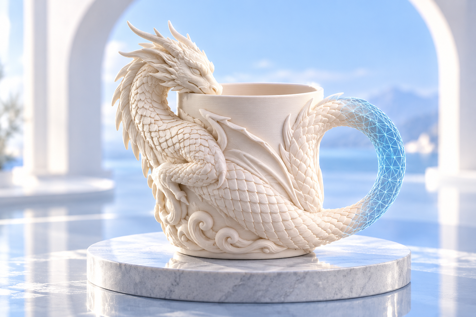 Концептуальная иллюстрация: чашка-дракон с переходом от цифровой 3D-сетки к готовому изделию